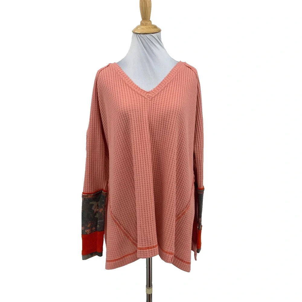 Free People Top Women XS Extra Small Lovin Leopard Thermal Waffle Knit Oversized